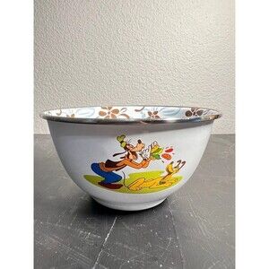 Disney Store Goofy & Pluto Enamelware Bowl 6” Floral Metal Rim Vintage